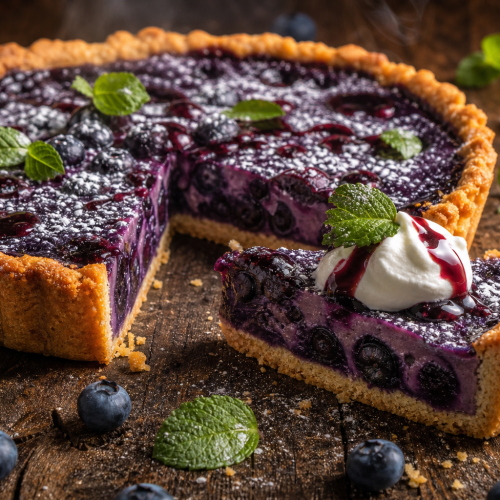 Tarte aux myrtilles cétogène avec pâte à la farine d'amande et garniture aux myrtilles, tranche coupée, sur fond rustique