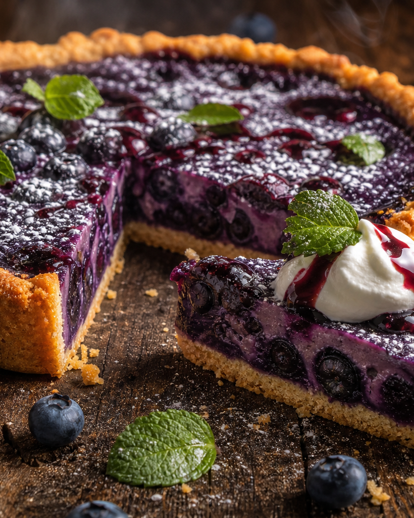 Tarte aux myrtilles cétogène avec pâte à la farine d'amande et garniture aux myrtilles, tranche coupée, sur fond rustique