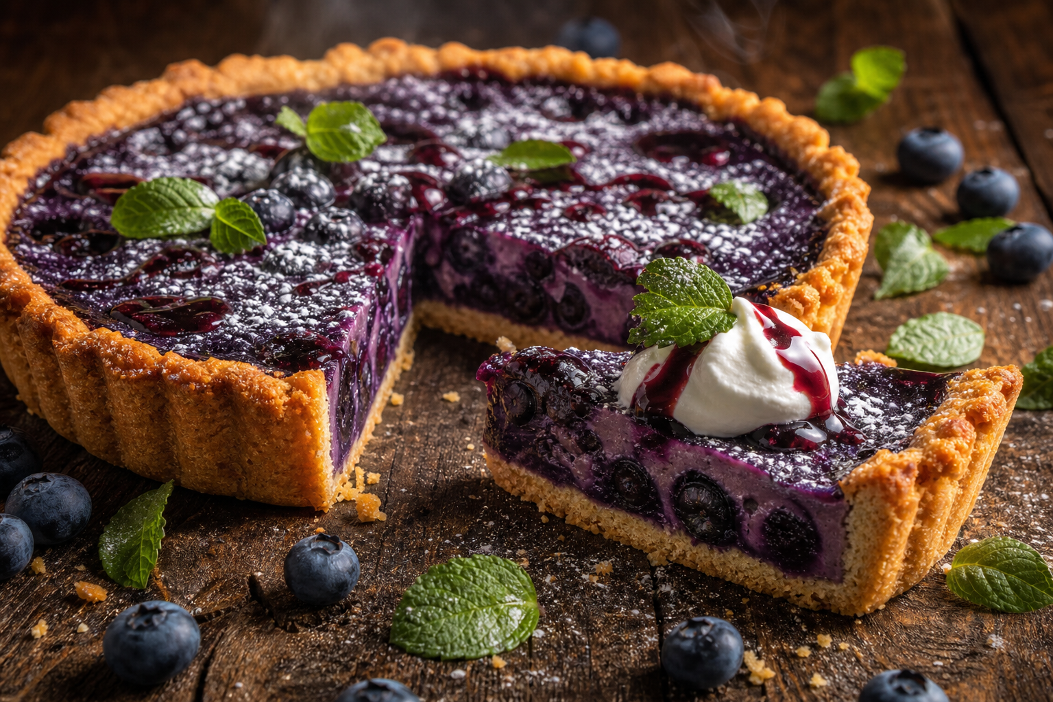 Tarte aux myrtilles cétogène avec pâte à la farine d'amande et garniture aux myrtilles, tranche coupée, sur fond rustique