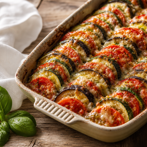 Tian aux légumes d'été avec courgettes, aubergines, tomates et fromage gratiné, dans un plat en céramique sur une table en