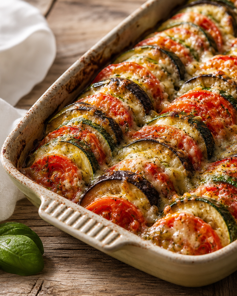 Tian aux légumes d'été avec courgettes, aubergines, tomates et fromage gratiné, dans un plat en céramique sur une table en