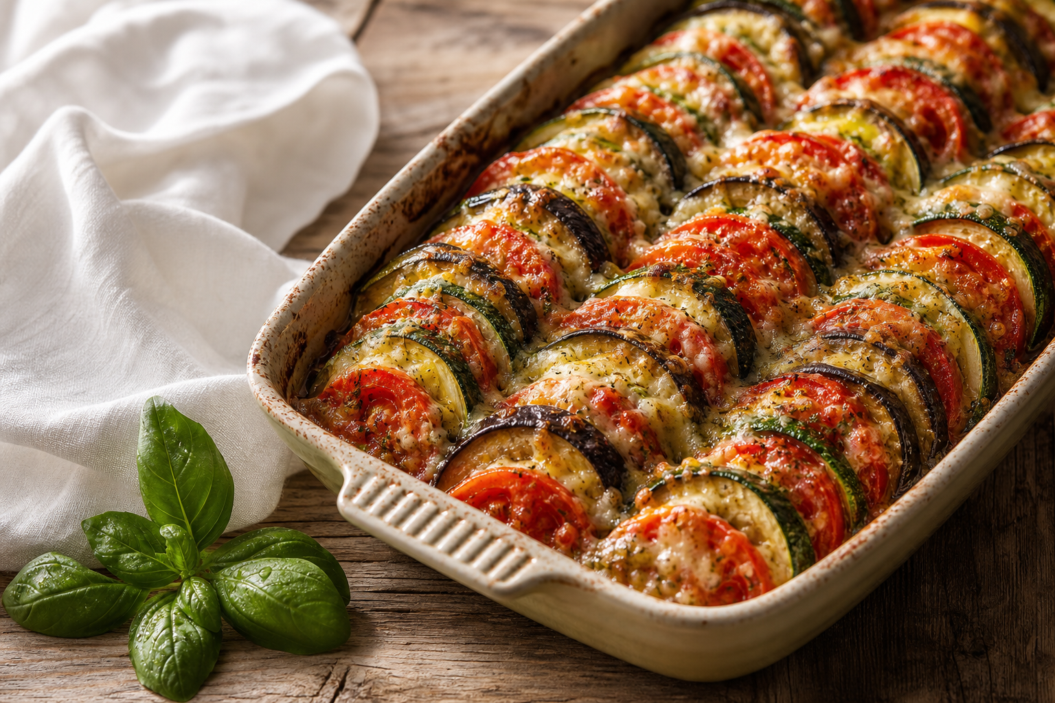 Tian aux légumes d'été avec courgettes, aubergines, tomates et fromage gratiné, dans un plat en céramique sur une table en
