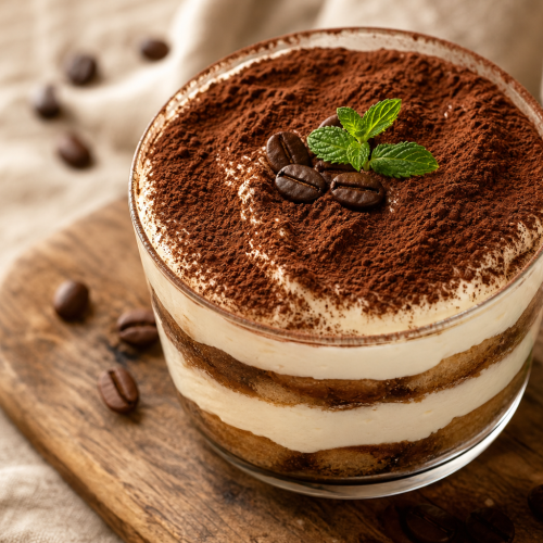 Tiramisu kéto dans une verrine avec des couches de biscuits, crème au mascarpone et cacao, sur fond clair