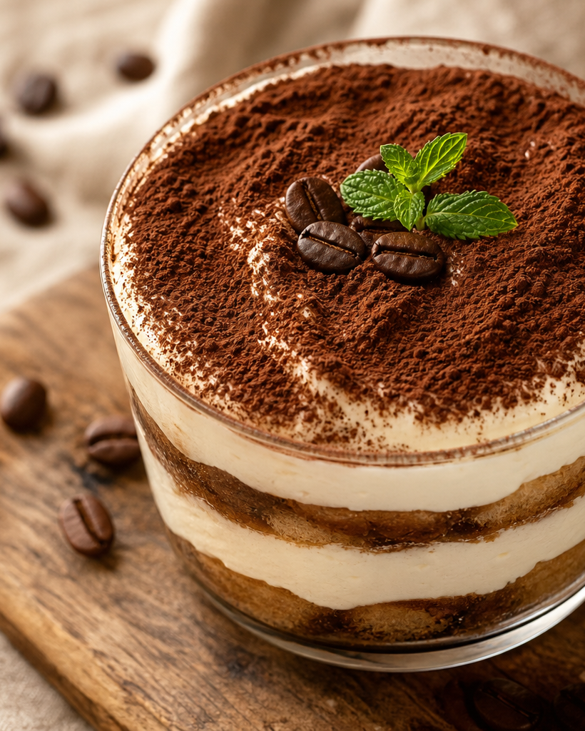 Tiramisu kéto dans une verrine avec des couches de biscuits, crème au mascarpone et cacao, sur fond clair