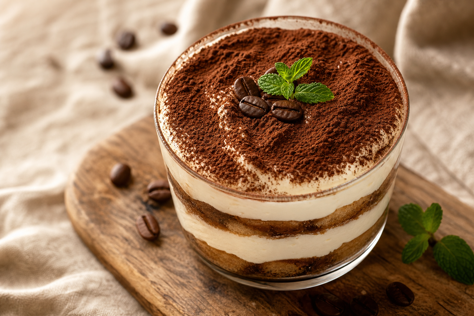 Tiramisu kéto dans une verrine avec des couches de biscuits, crème au mascarpone et cacao, sur fond clair