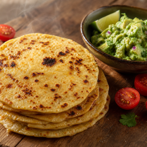 Empilement de tortillas mexicaines cétogènes dorées sur une planche en bois avec un bol de guacamole