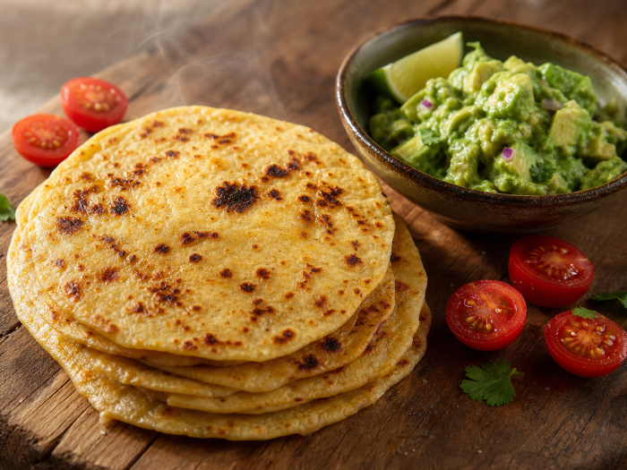 Empilement de tortillas mexicaines cétogènes dorées sur une planche en bois avec un bol de guacamole
