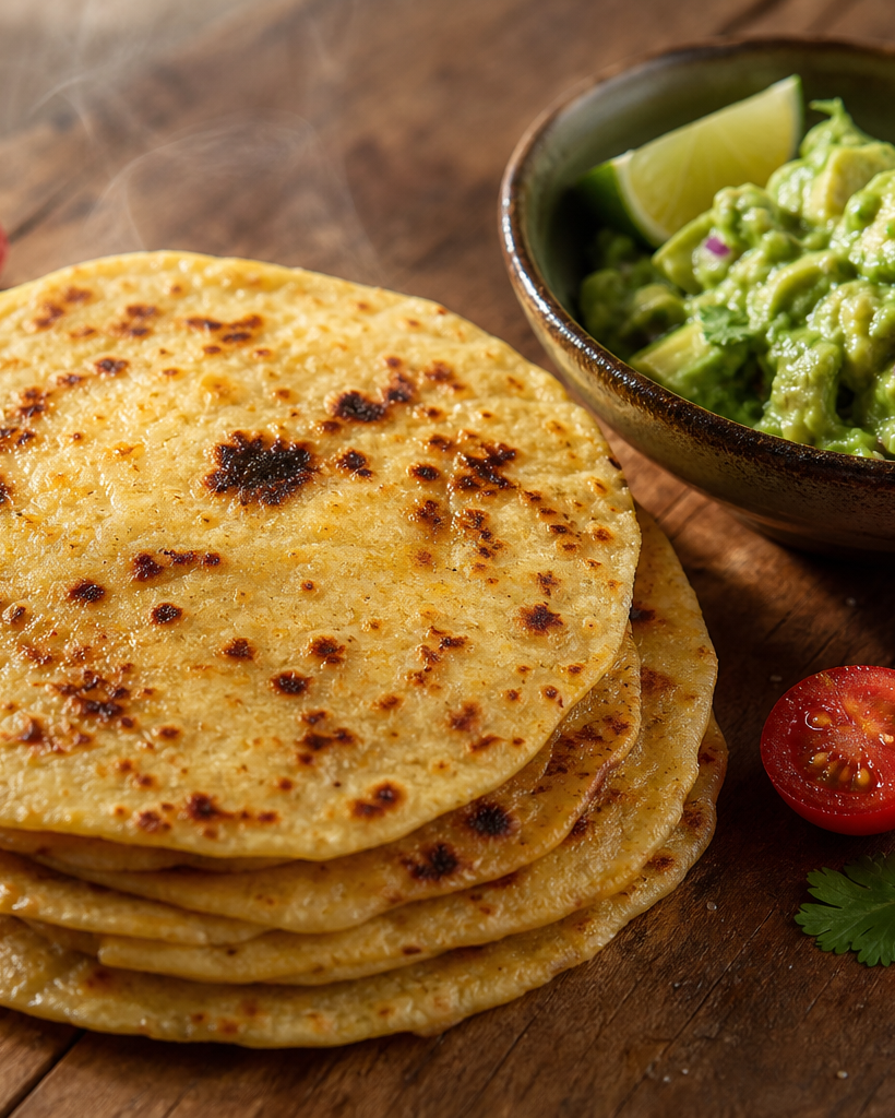 Empilement de tortillas mexicaines cétogènes dorées sur une planche en bois avec un bol de guacamole