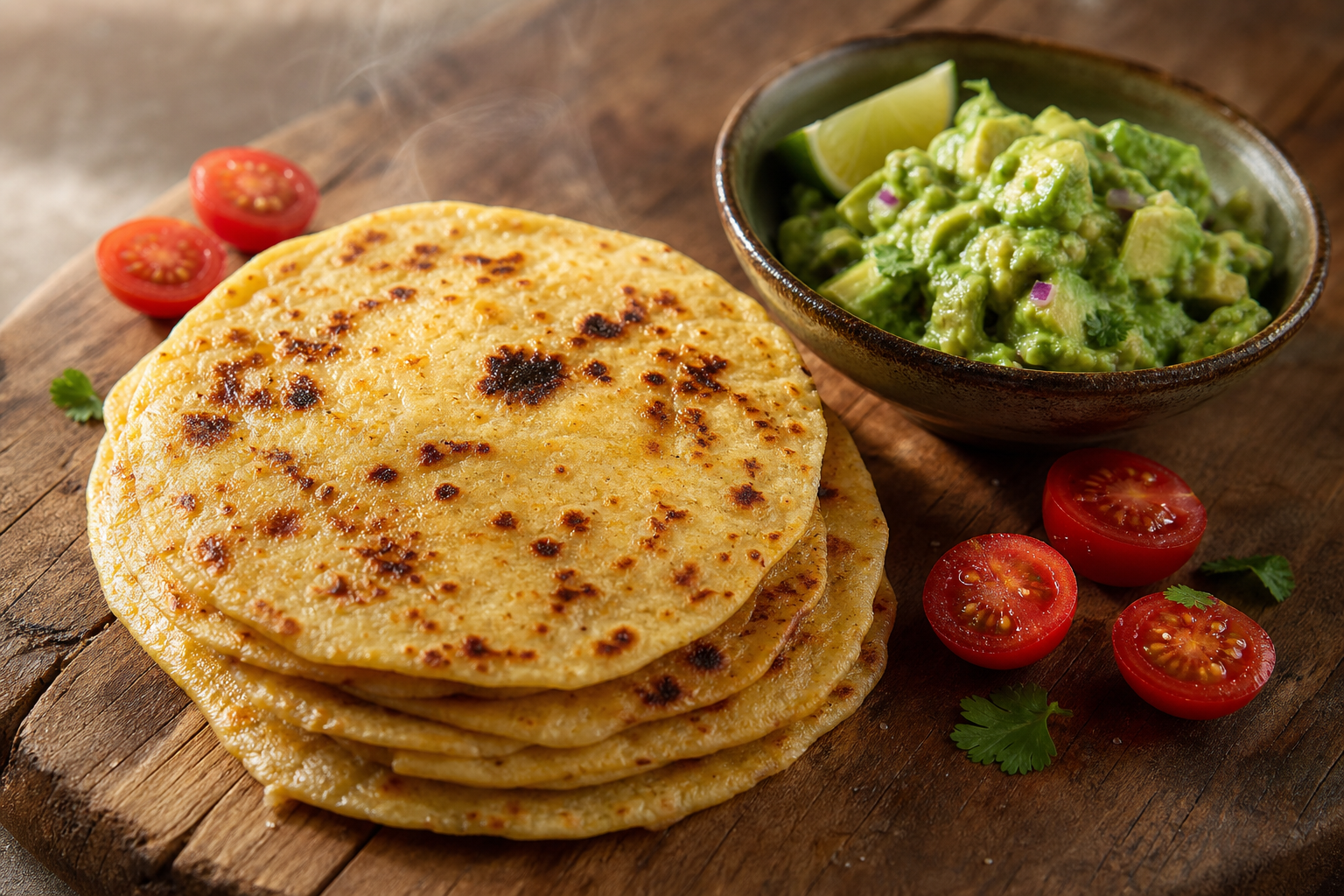 Empilement de tortillas mexicaines cétogènes dorées sur une planche en bois avec un bol de guacamole