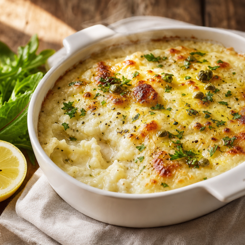 Brandade de morue céto au chou-fleur servie dans un plat blanc, garnie de persil et d'huile d'olive