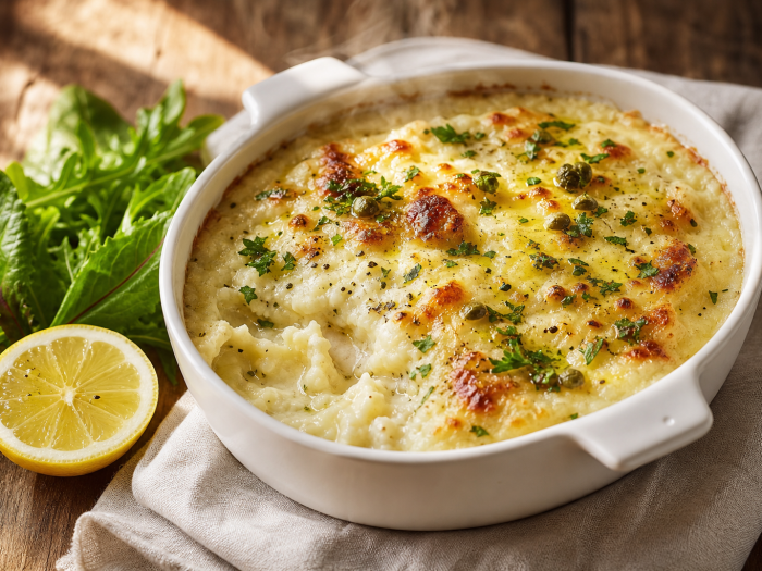 Brandade de morue céto au chou-fleur servie dans un plat blanc, garnie de persil et d'huile d'olive