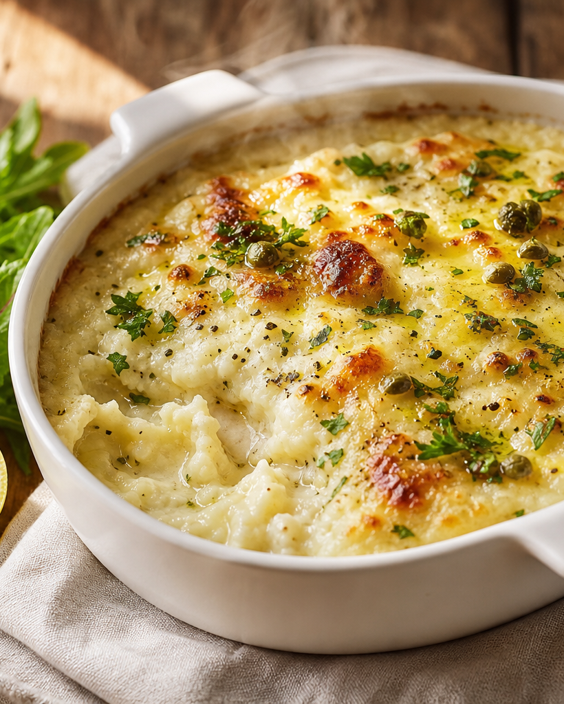 Brandade de morue céto au chou-fleur servie dans un plat blanc, garnie de persil et d'huile d'olive