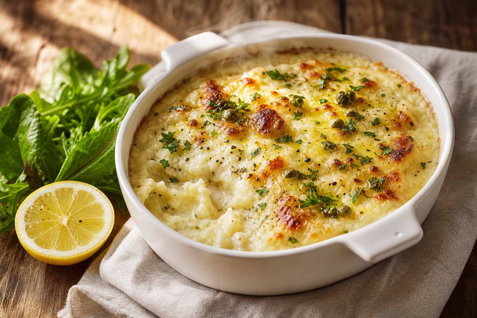 Brandade de morue céto au chou-fleur servie dans un plat blanc, garnie de persil et d'huile d'olive