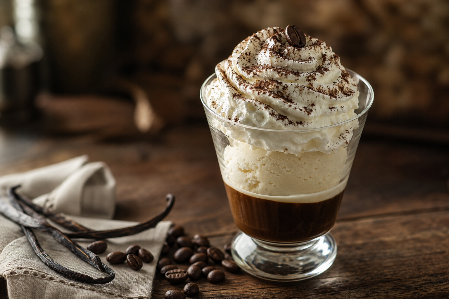 Café liégeois cétogène dans une coupe, avec crème glacée, chantilly, cacao et grain de café