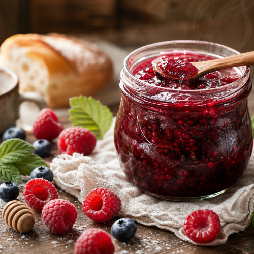 Pot de confiture de framboise maison sans sucre, avec des framboises fraîches autour sur une table en bois