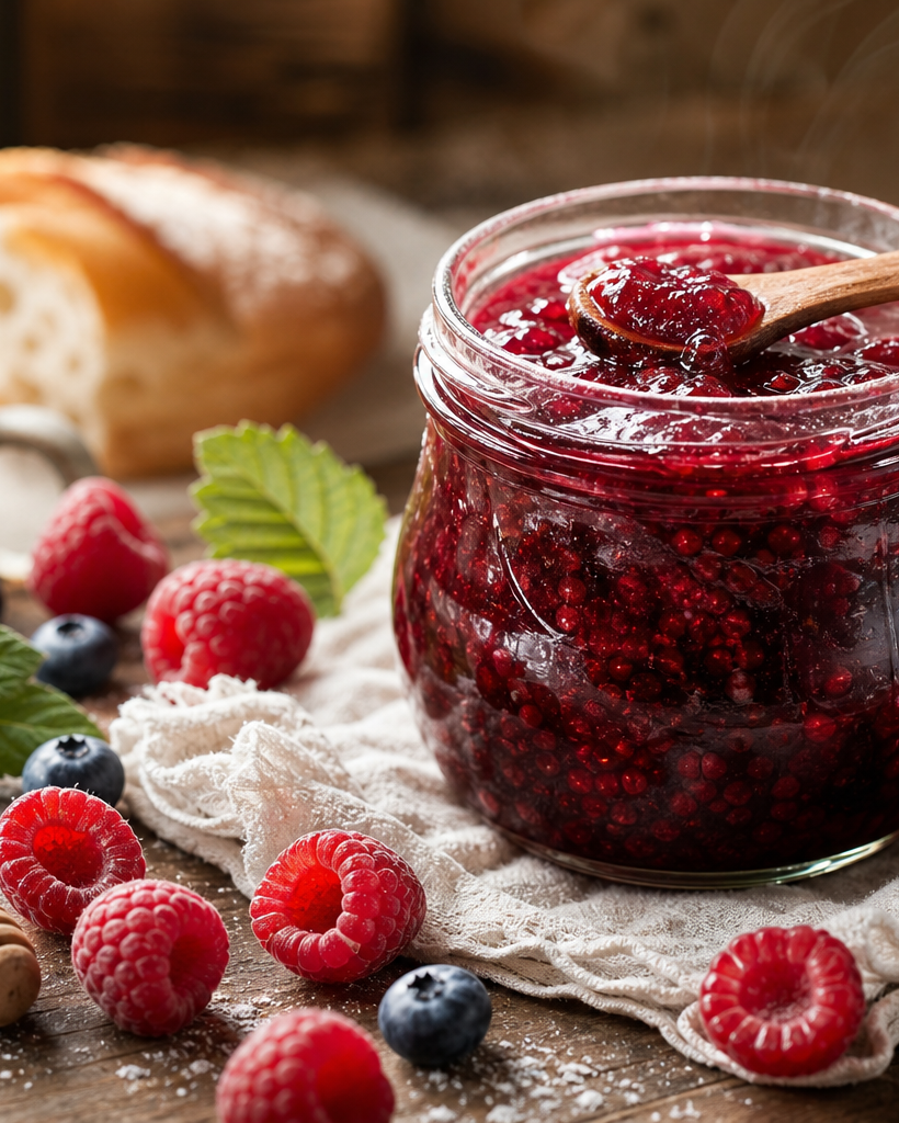 Pot de confiture de framboise maison sans sucre, avec des framboises fraîches autour sur une table en bois