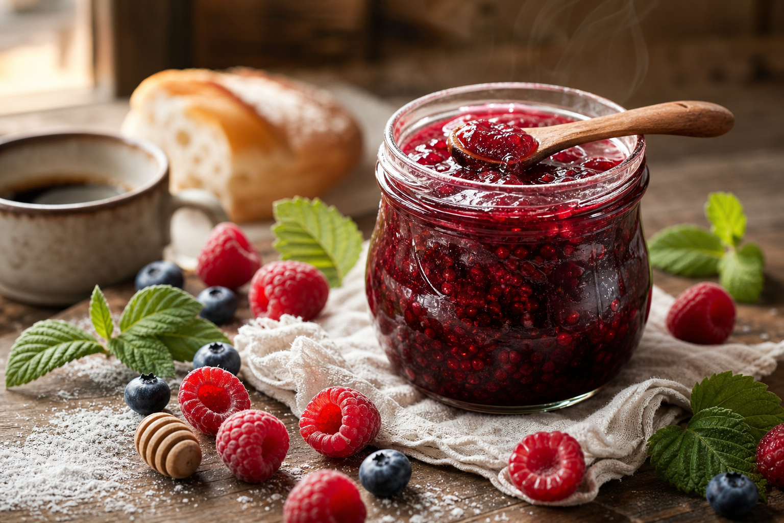 Pot de confiture de framboise maison sans sucre, avec des framboises fraîches autour sur une table en bois