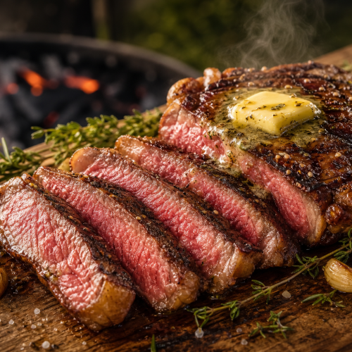 Côte de bœuf grillée au barbecue, coupée en tranches, avec une croûte dorée et une chair rosée, sur une planche en bois avec