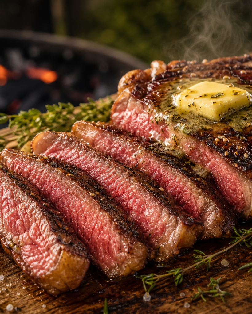Côte de bœuf grillée au barbecue, coupée en tranches, avec une croûte dorée et une chair rosée, sur une planche en bois avec