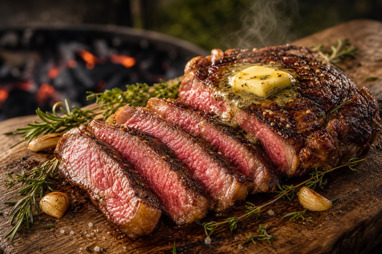 Côte de bœuf grillée au barbecue, coupée en tranches, avec une croûte dorée et une chair rosée, sur une planche en bois avec