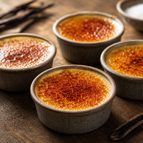 Crèmes brûlées sans sucre dans des ramequins avec une croûte de caramel doré et croustillante, sur une table en bois.
