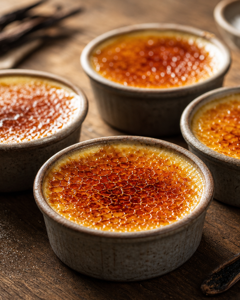 Crèmes brûlées sans sucre dans des ramequins avec une croûte de caramel doré et croustillante, sur une table en bois.