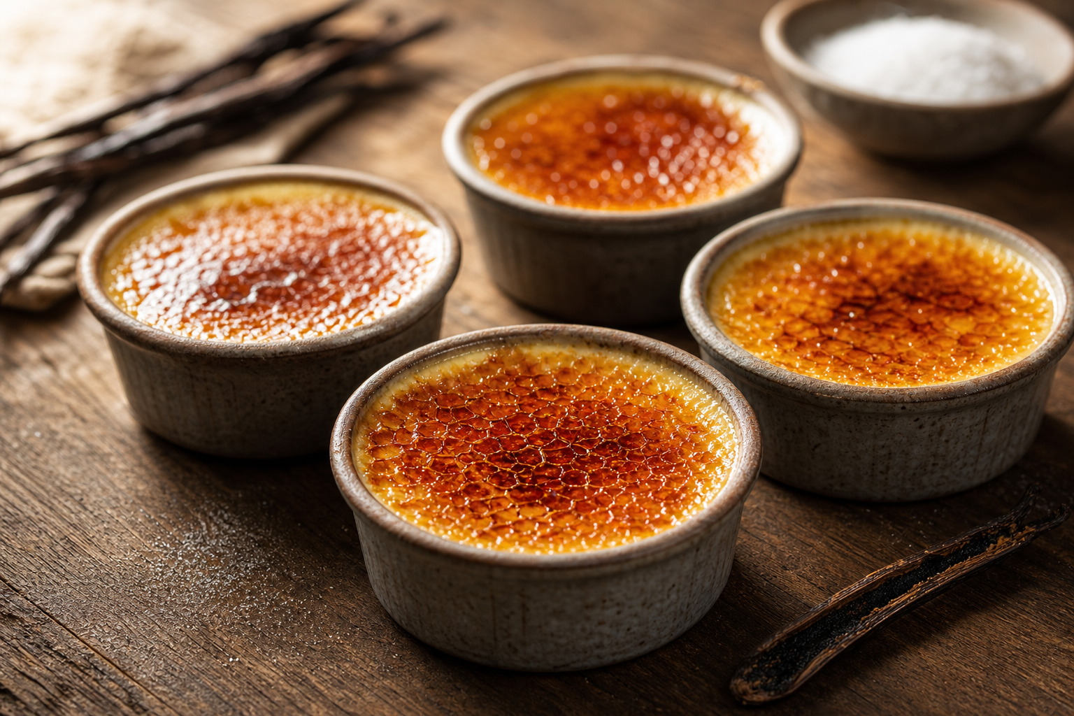 Crèmes brûlées sans sucre dans des ramequins avec une croûte de caramel doré et croustillante, sur une table en bois.
