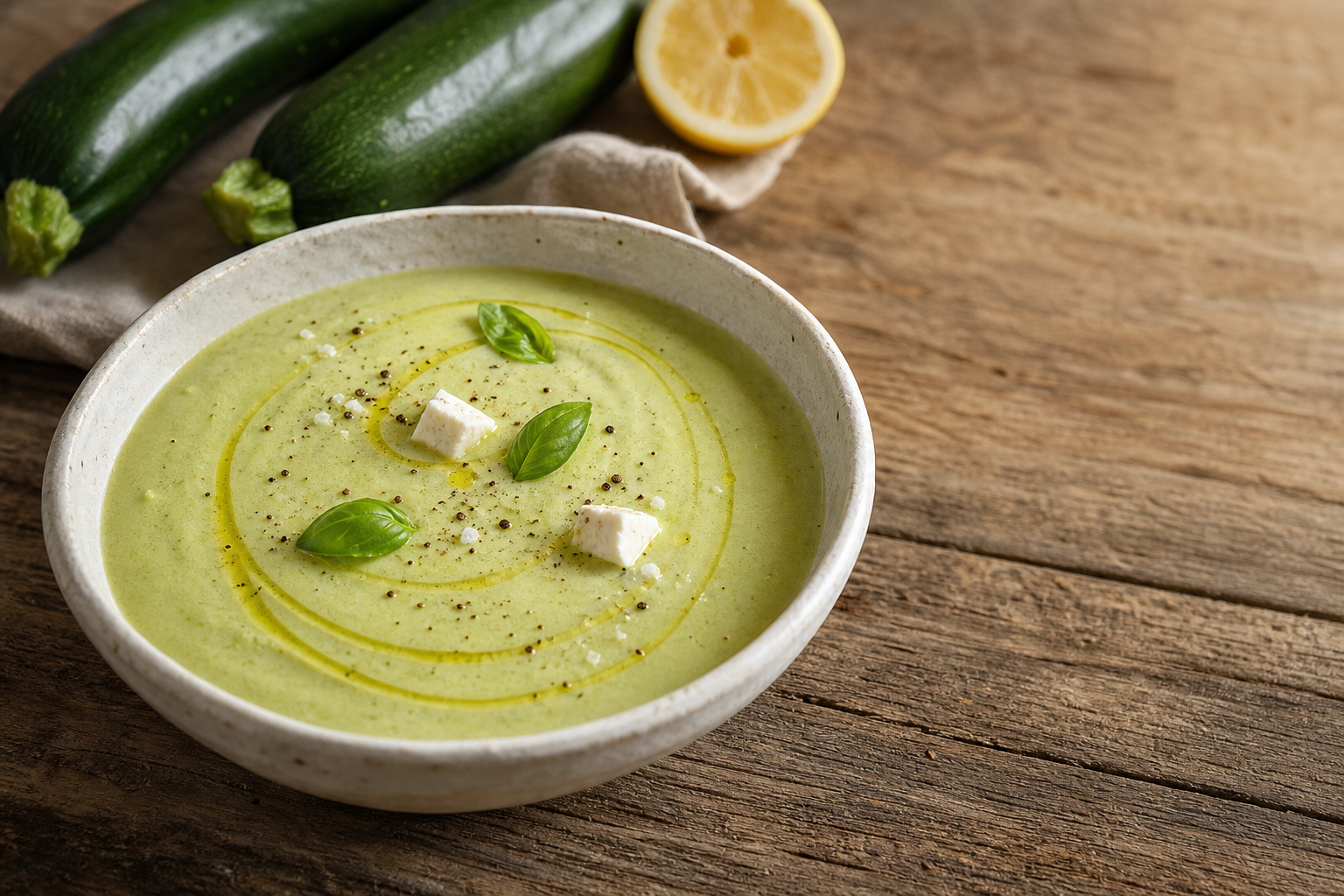 Bol de gaspacho de courgettes vert pâle garni de basilic et de filet d'huile d'olive, sur une table en bois avec des