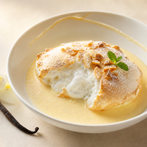 Île flottante keto : blanc d'œuf poché sur crème anglaise vanillée, amandes effilées, assiette blanche.