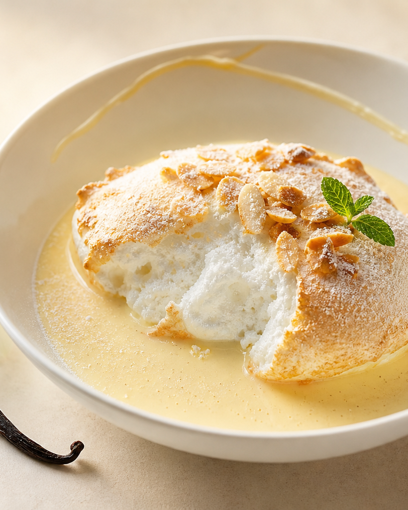 Île flottante keto : blanc d'œuf poché sur crème anglaise vanillée, amandes effilées, assiette blanche.