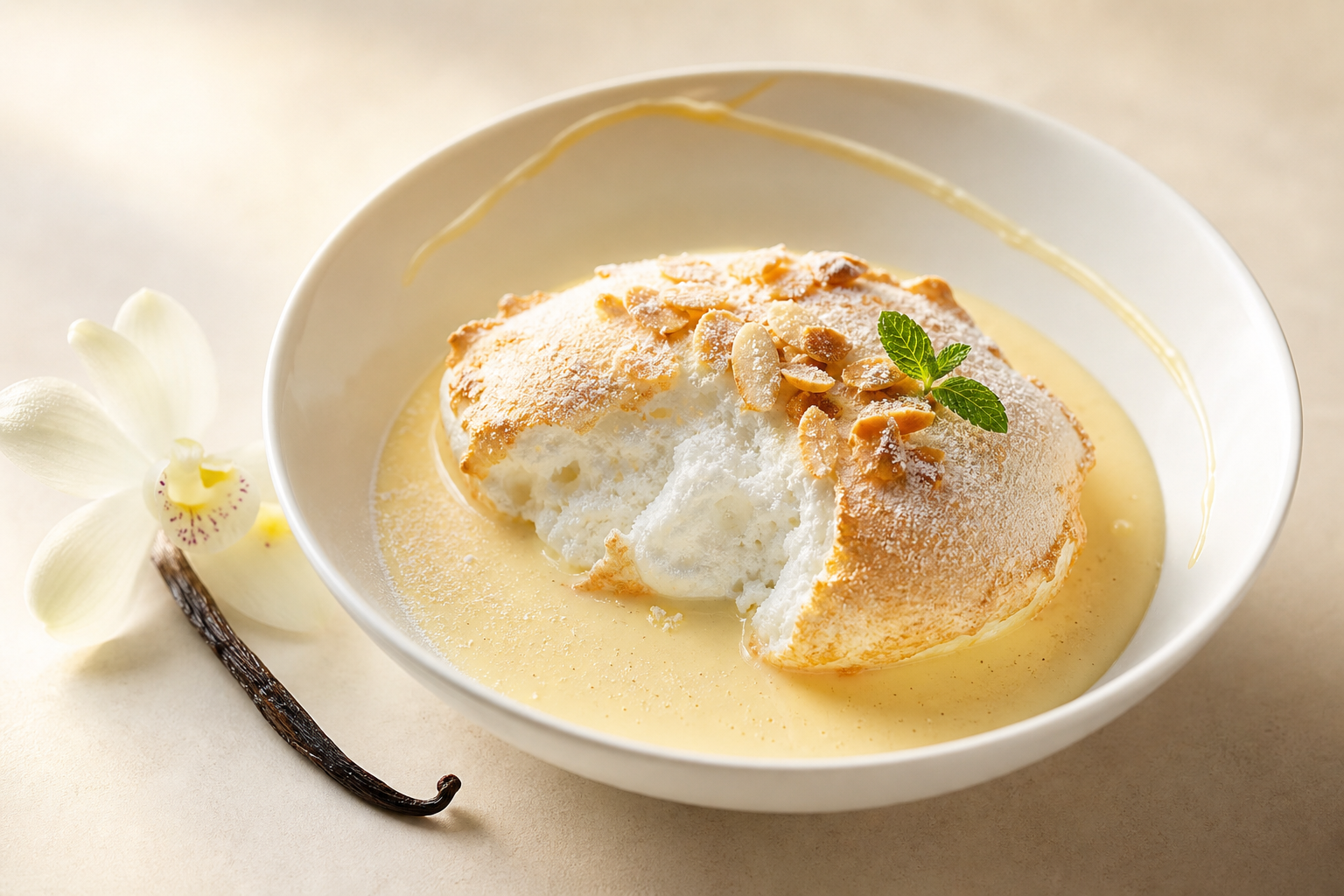 Île flottante keto : blanc d'œuf poché sur crème anglaise vanillée, amandes effilées, assiette blanche.
