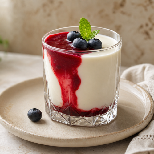 Panna cotta céto onctueuse dans une verrine, nappée de coulis de framboises et garnie de myrtilles fraîches.