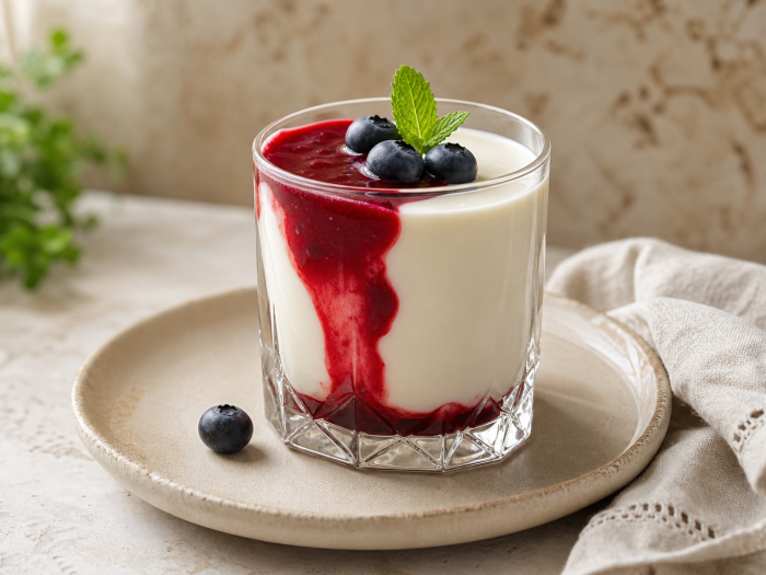 Panna cotta céto onctueuse dans une verrine, nappée de coulis de framboises et garnie de myrtilles fraîches.