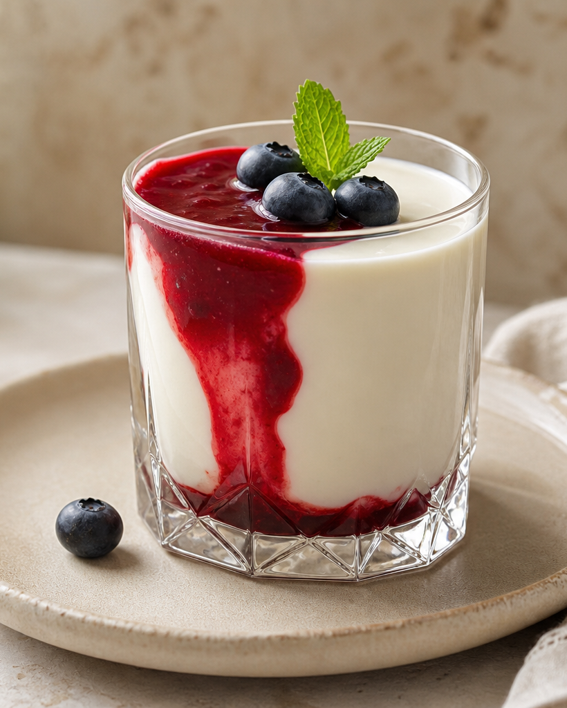 Panna cotta céto onctueuse dans une verrine, nappée de coulis de framboises et garnie de myrtilles fraîches.