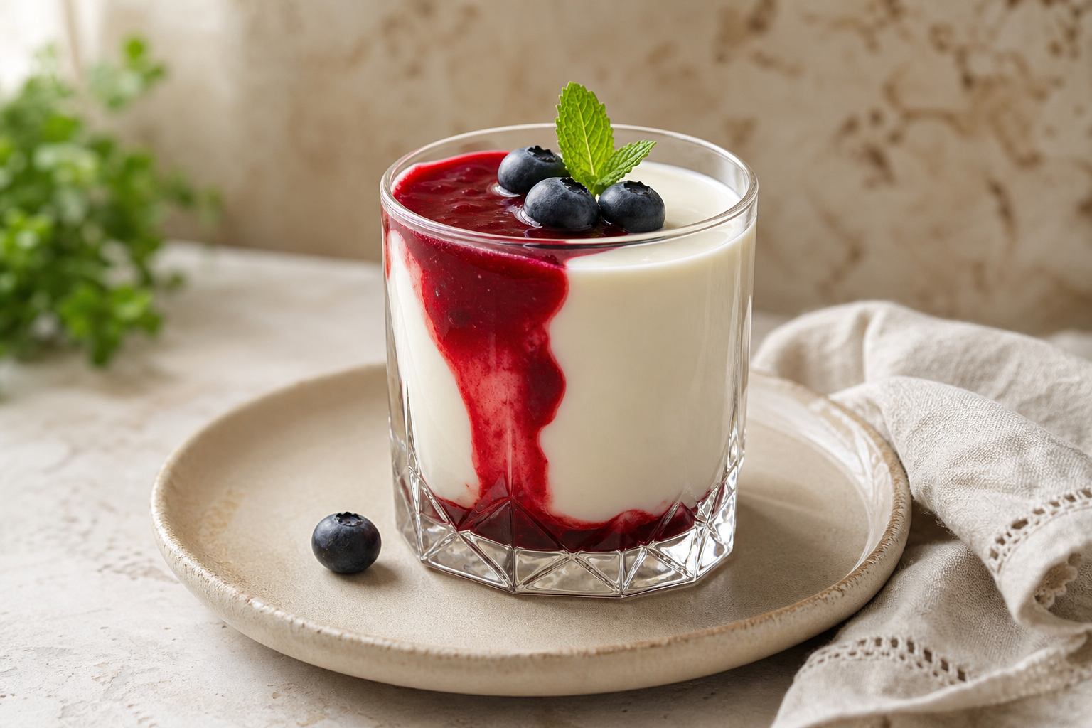 Panna cotta céto onctueuse dans une verrine, nappée de coulis de framboises et garnie de myrtilles fraîches.