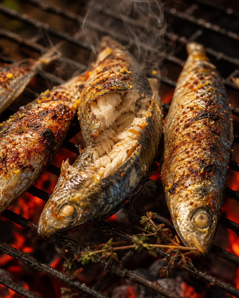 Sardines entières grillées sur une grille de barbecue, peau dorée et parsemée d'épices, avec des tranches de citron