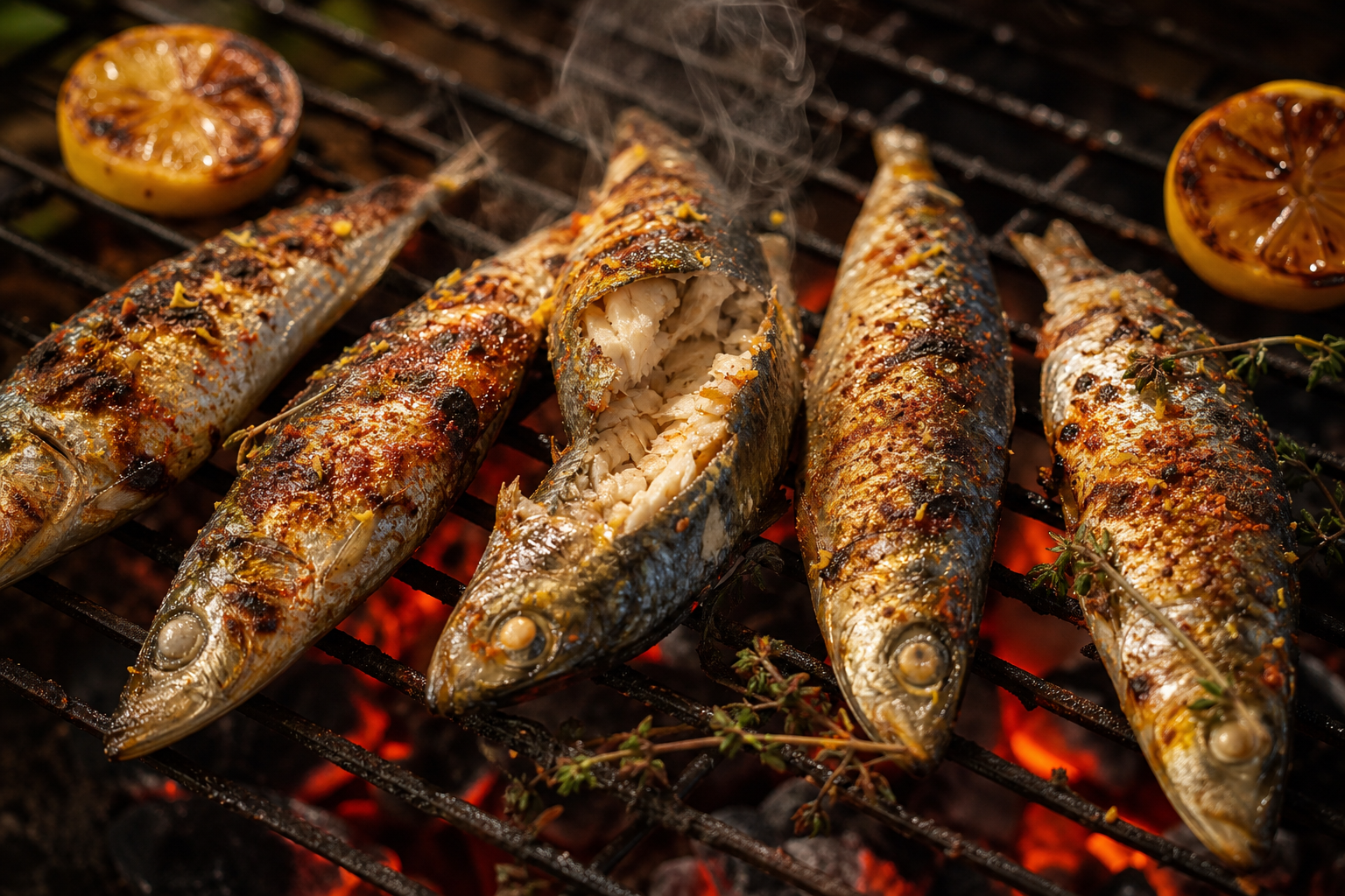 Sardines entières grillées sur une grille de barbecue, peau dorée et parsemée d'épices, avec des tranches de citron
