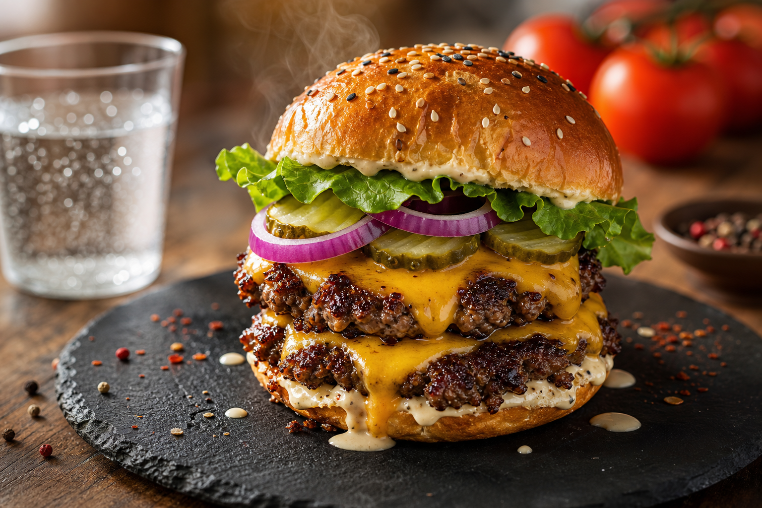 Smash burger cétogène avec deux galettes de bœuf, cheddar fondu, oignon rouge, cornichons et salade dans un pain à burger