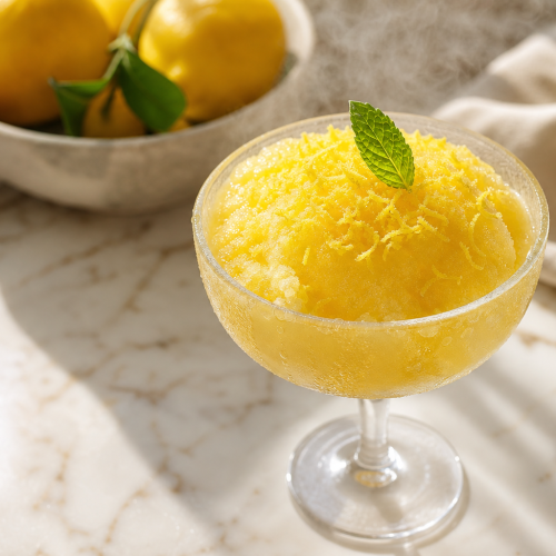 Sorbet au citron cétogène servi dans une coupe en verre, garni de zeste de citron et de menthe fraîche.