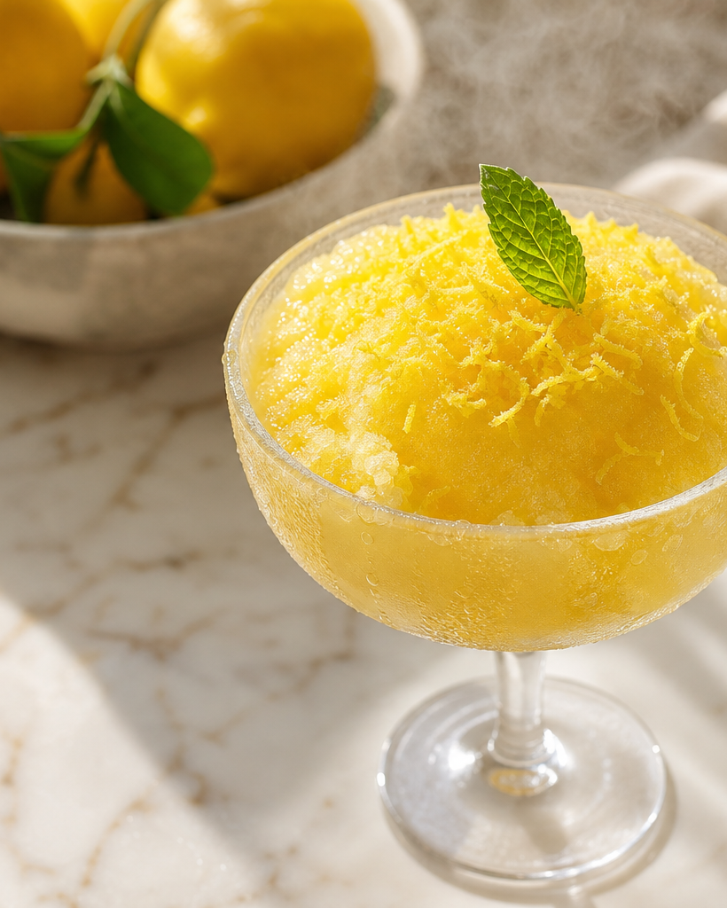 Sorbet au citron cétogène servi dans une coupe en verre, garni de zeste de citron et de menthe fraîche.