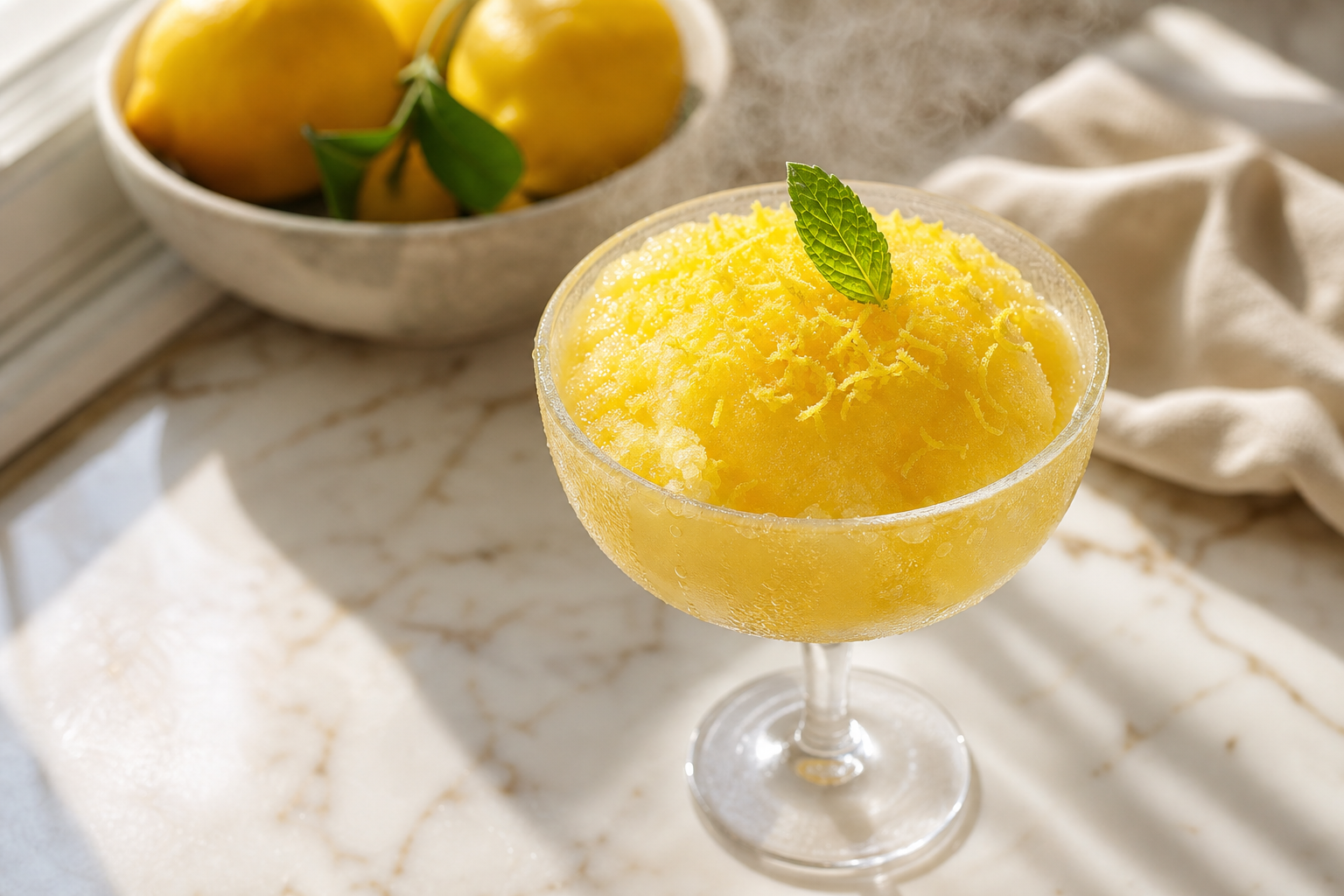 Sorbet au citron cétogène servi dans une coupe en verre, garni de zeste de citron et de menthe fraîche.