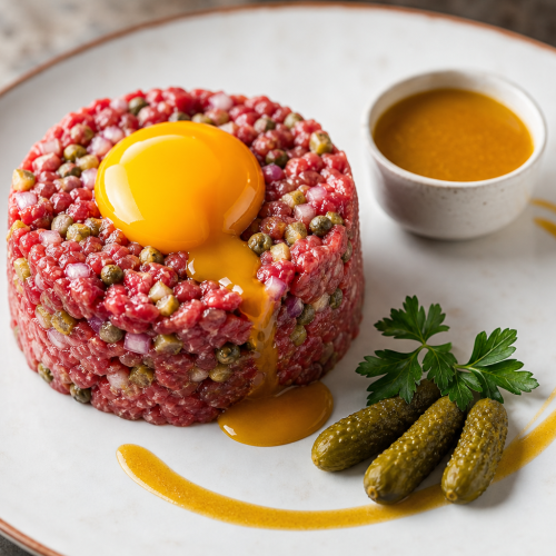 Steak tartare haché au couteau, dressé en cylindre, avec jaune d'œuf, câpres, échalotes et cornichons, sur assiette blanche.