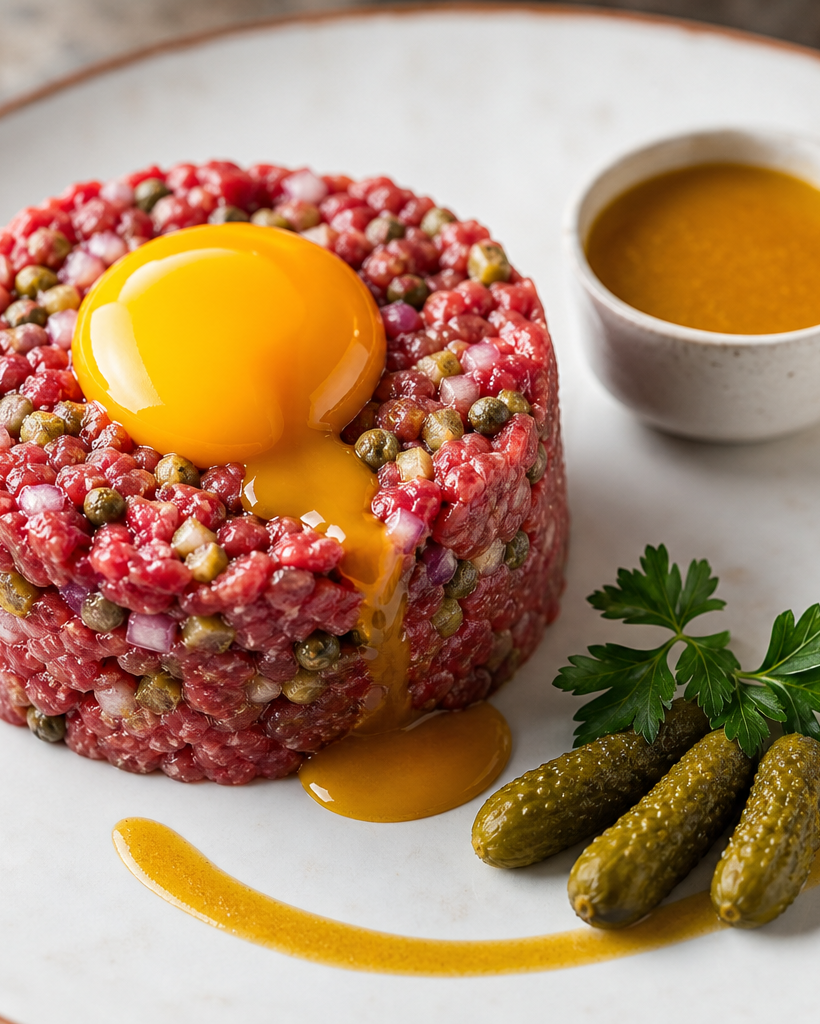 Steak tartare haché au couteau, dressé en cylindre, avec jaune d'œuf, câpres, échalotes et cornichons, sur assiette blanche.