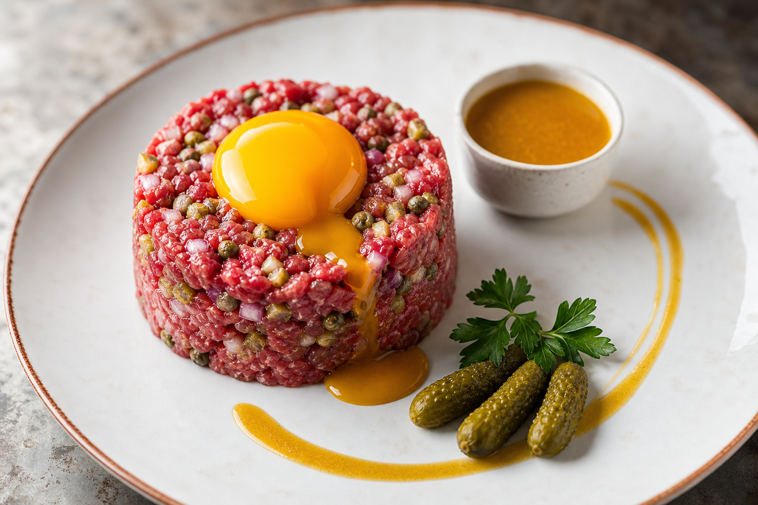 Steak tartare haché au couteau, dressé en cylindre, avec jaune d'œuf, câpres, échalotes et cornichons, sur assiette blanche.