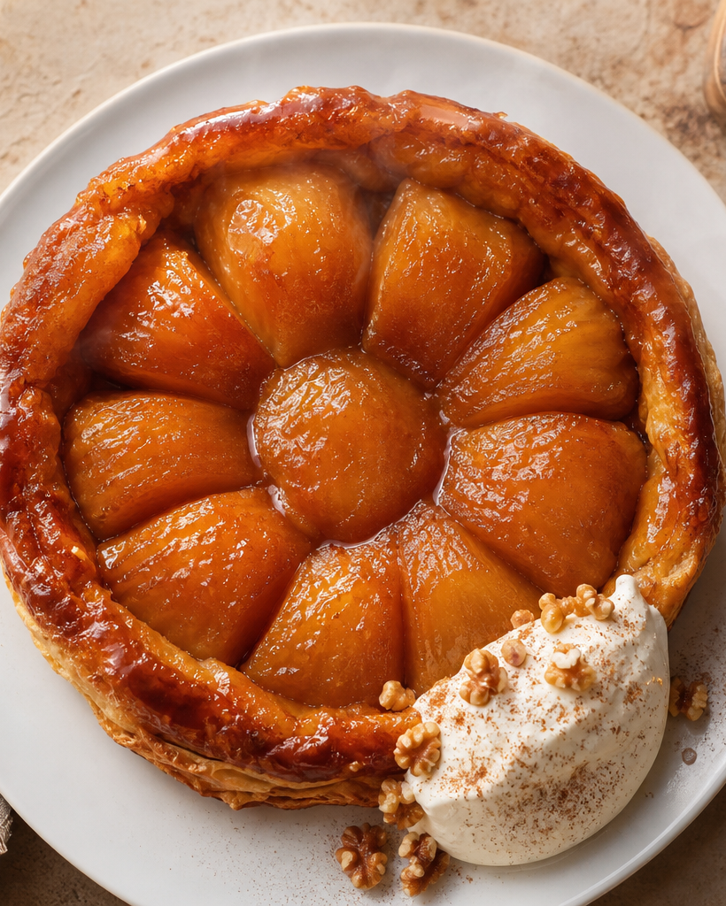 Tarte tatin keto aux pommes caramélisées, démoulée dans une assiette blanche, avec une boule de crème fouettée.