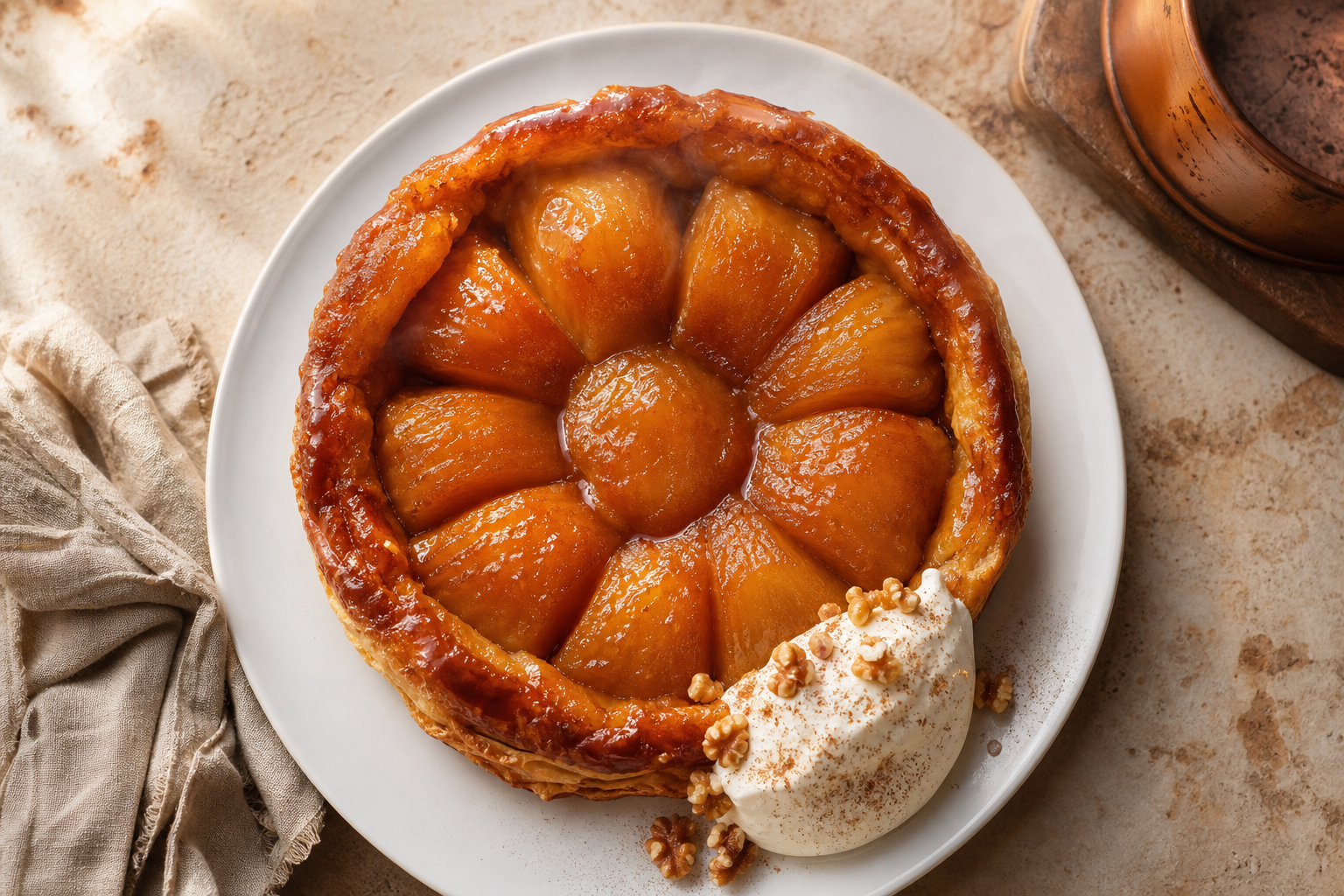 Tarte tatin keto aux pommes caramélisées, démoulée dans une assiette blanche, avec une boule de crème fouettée.