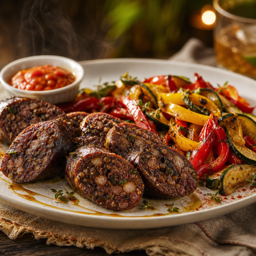 Assiette de boudin créole grillé avec légumes sautés, prêt à être dégusté