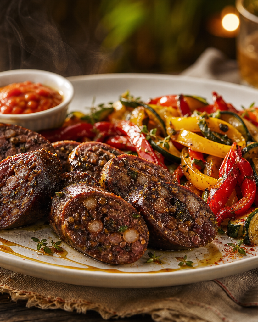 Assiette de boudin créole grillé avec légumes sautés, prêt à être dégusté