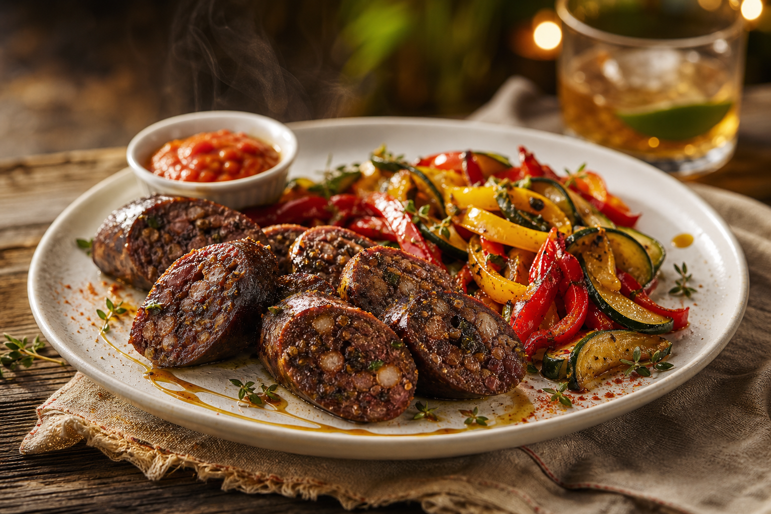 Assiette de boudin créole grillé avec légumes sautés, prêt à être dégusté