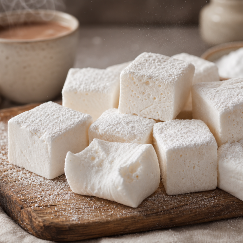 Chamallows cétogènes maison coupés en cubes, saupoudrés d'édulcorant, sur une planche en bois.